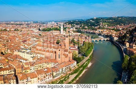 Santa Anastasia Church And Verona Cathedral Aerial Panoramic View In Verona, Veneto Region In Italy