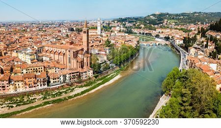 Santa Anastasia Church And Verona Cathedral Aerial Panoramic View In Verona, Veneto Region In Italy