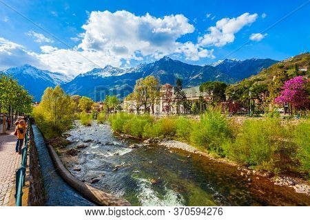 River In Merano City Centre View. Merano Or Meran Is A Town In South Tyrol Province In Northern Ital