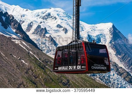 Chamonix, France - July 18, 2019: Cable Car Coach Going To The Aiguille Du Midi 3842 M Mountain In T