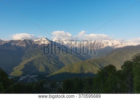 Caucasus Range Rosa Khutor Sochi April 29 2018. Mountains Near The Ski Resort Of Rosa Khutor In Kras