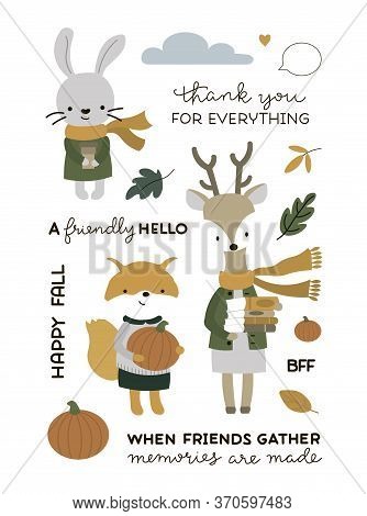 Collection Of Isolated Vector Cute Cartoon Autumn Animals Friends Wore Coats And Scarfs And Other Fa