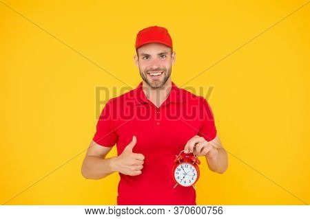 Timeliness Guarantee. Promptness And Punctuality. Delivery Time. Delivery Courier With Clock. Delive