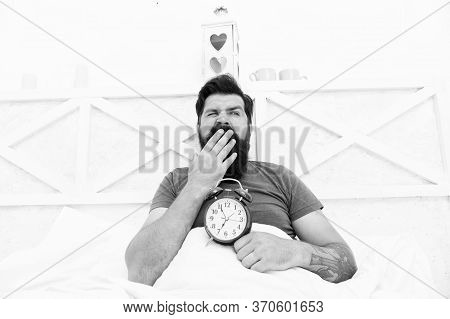 Stressed Man Yawning Takes Alarm Clock. Too Early. Sleepy Man Holding Alarm Clock In Bed. Bearded Ma