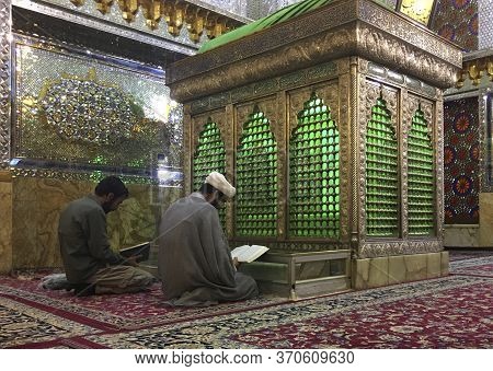 Shiraz, Iran - 2019-04-09 - Shah Ceragh Shrine - Men Pray At Mirrored Tomb Of Mullah.