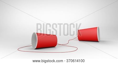 Red Paper Cups And Non-stretchable String. Speech-transmitting Device. 3d Illustration.