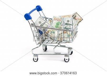 Mini Shopping Cart Mini Money Dollars On A White Background Isolate