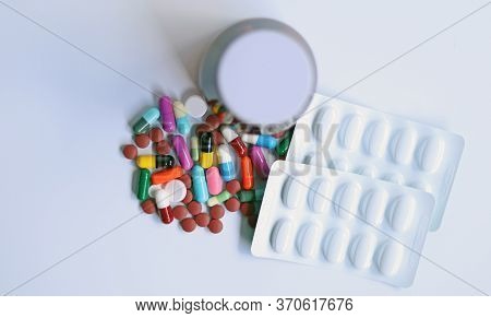 Ferrous Fumarate Pills, Blister Packs With Color Tablets, Capsules, Vitamins In Brown Bottle For Tre