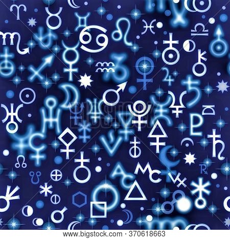 Astrological Hieroglyphic Signs, Mystic Kabbalistic Symbols. Twilight Background, Chaotic Seamless P