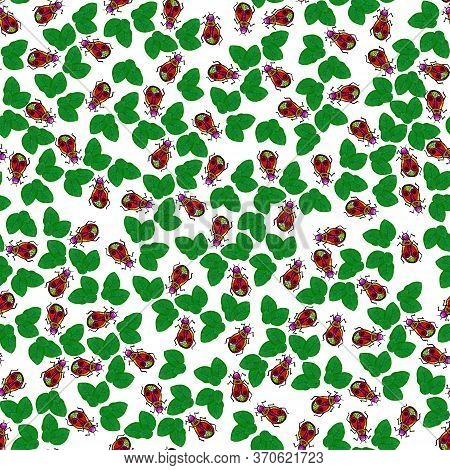 Green Leaves And Bugs Soldier Seamless Pattern, Firebug Illustration For Design And Creativity