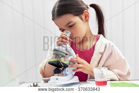 Little Girl Analyzing With Microscope And Exploring Plants. The Kid Learning Science In The School L