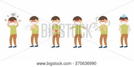 Symptoms Of A Viral Infection And Respiratory Illness. A Sick Man Coughs And Sneezes. Have A Headach