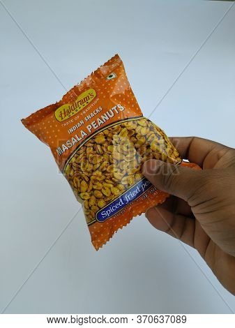 Bangalore, Karnataka/india-feb 16 2020: Plastic Pack Of Haldirams Masala Peanut, 50 G Pouch Holding 