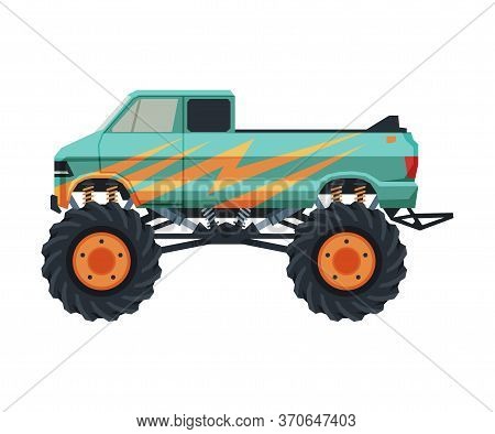 Monster Truck Vehicle, Heavy Pickup Car With Large Tires Vector Illustration