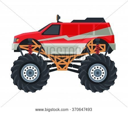 Monster Truck Vehicle, Colorful Car With Big Wheels, Heavy Professional Transport Vector Illustratio
