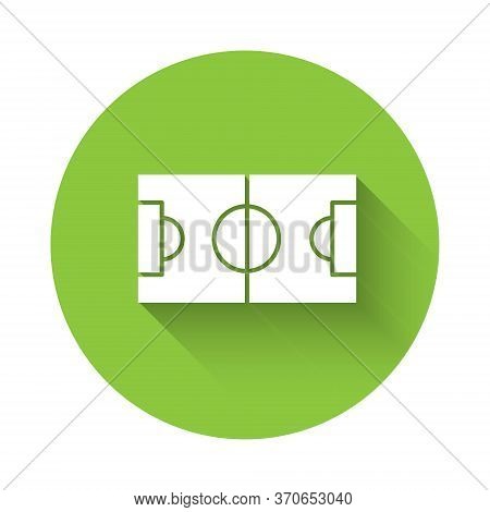 White Football Or Soccer Field Icon Isolated With Long Shadow. Green Circle Button. Vector