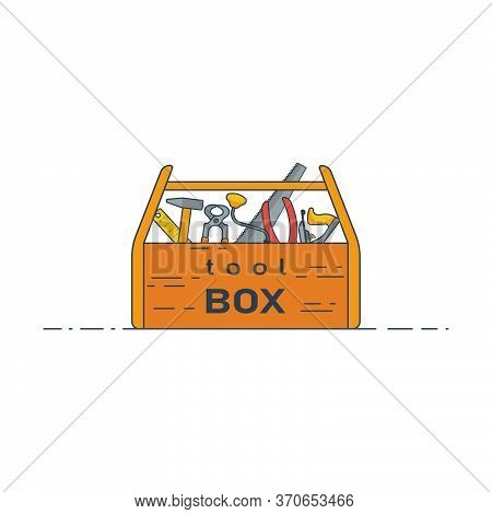 Wooden Tool Box With Carpentry Tools For Work Of Carpenter. Vector Illustration In Flat Style
