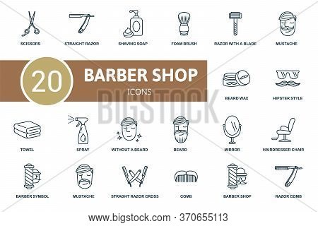 Barber Shop Icon Set. Collection Contain Scissors, Foam Brush, Comb And Over Icons. Barber Shop Elem