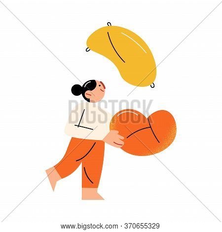 Young Girl Cathing Flying Pillow During Fight At Home Vector Illustration