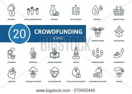 Crowdfunding Icon Set. Collection Contain Crowdfunding, Creator, Pre-release, Fundraising And Over I