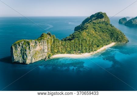 Aerial Drone View Of Dilumacad Called Helicopter Island In El Nido, Palawan, Philippines