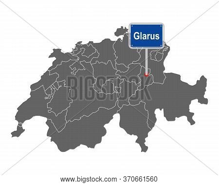 Detailed And Accurate Illustration Of Map Of Switzerland With Road Sign Of Glarus