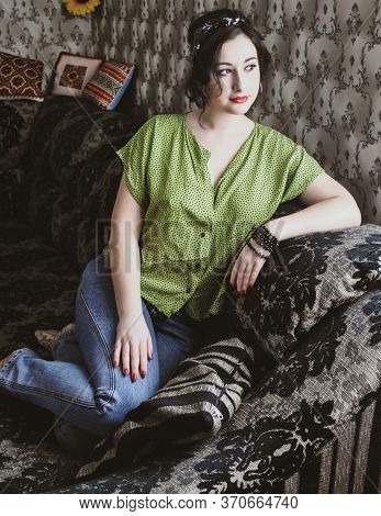 Young Lady With Pale Skin Plus Size In Vintage Retro Style At Cozy Home. Pretty Casual Retro Style 4