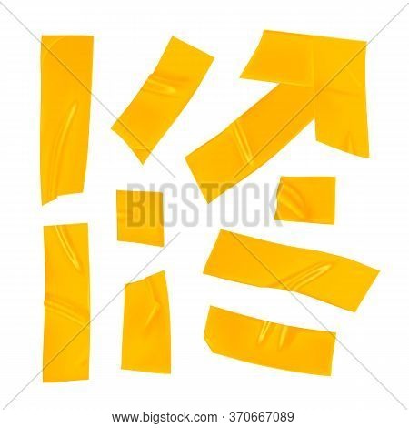 Yellow Duct Tape Set. Realistic Yellow Adhesive Tape Pieces For Fixing Isolated On White Background.