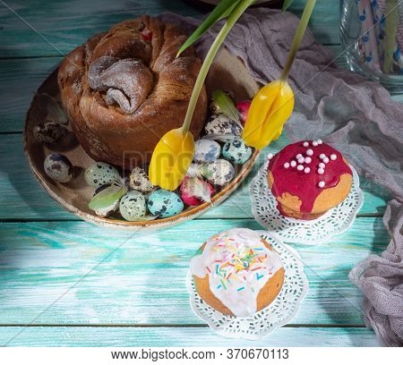 Easter Composition With Colorful Eggs And Cakes