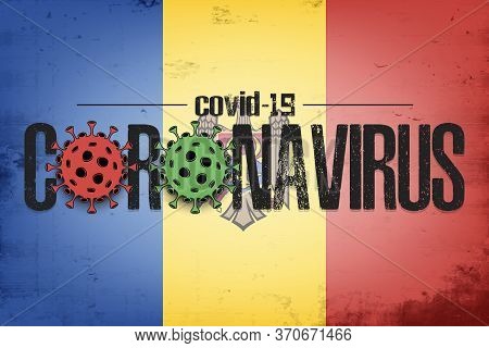 Flag Of Moldova With Coronavirus Covid-19. Virus Cells Coronavirus Bacteriums Against Background Of 