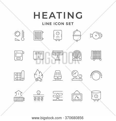 Set Line Icons Of Heating Isolated On White. Radiator, Electric Or Gas Boiler, Warm Electric Floor, 