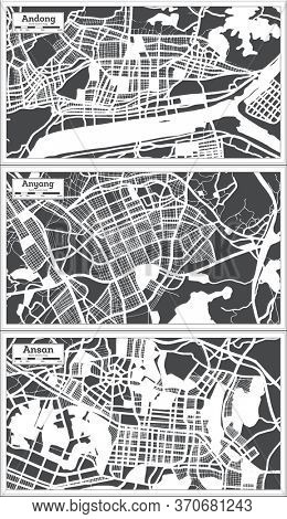 Anyang, Ansan and Andong South Korea City Maps Set in Retro Style. Outline Maps.