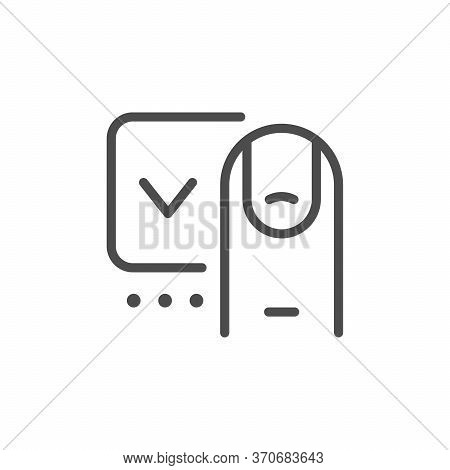 Fingerprint Authentication Line Outline Icon Isolated On White. Mobile Block With Finger. Verificati
