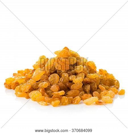 Pile Of Healthy Raisins Isolated, Dried Golden Raisins Grapes On White Background.