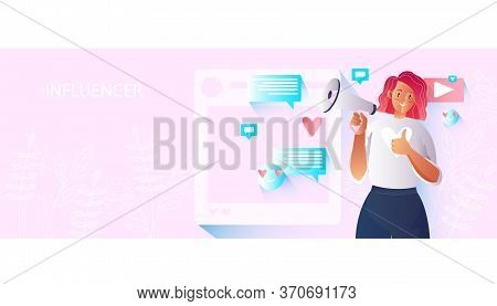 Influencer Concept With Young Female Character Holding Megaphone, Social Media Icons. Vector Illustr