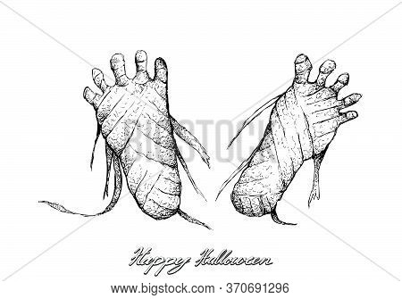 Holidays And Celebrations, Illustration Hand Drawn Sketch Of Mummy Feets Isolated On White Backgroun