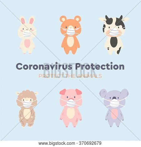 Cute Animal Character Wearing Medical Mask On Sky Blue Background. Coronavirus (covid-19) Vector Ill