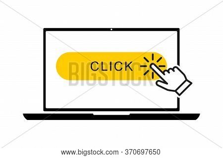 Flat Black Laptop Icon With Hand Pointer Or Mouse Cursor Ioslated On White. Concept Of Using Screen 