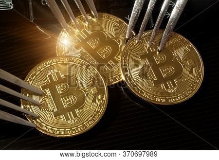 Golden Bitcoins With Fork. Hard Fork Change Concept