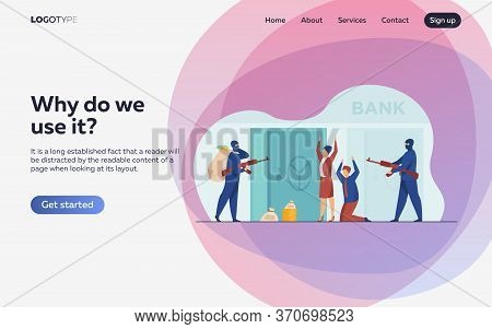 Gangsters With Gun Robbing Bank. Criminals Aiming Riffle At Workers, Taking Bags With Money. Vector 