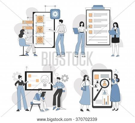 Men And Women In Casual Clothes Developing Websites Or Mobile Applications And Having Discussion Vec