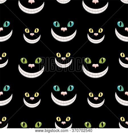 Cheshire Cats Smiling In Darkness. Vector Seamless Pattern. Different Eyes Color On Black Background