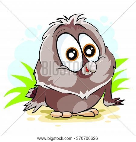 Cute Owl Character With Big Eyes Stands On The Grass, Naivety, Fear, Confusion, Confusion, Protectio
