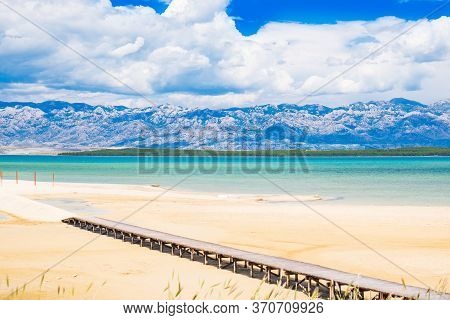 Beautiful Sand Lagoon Near Town Of Nin In Dalmatia, Croatia. Adriatic Coastline And Blue Sky With Cl