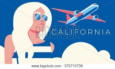 Girl On A Background Of Blue Sky. Airplane In The Sky. California. La. Los-angeles. Vector Illustrat