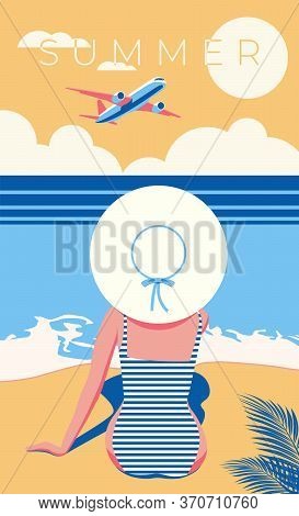 Woman In A Swimsuit On The Beach. Summer. Airplane In The Sky. Vector Illustration