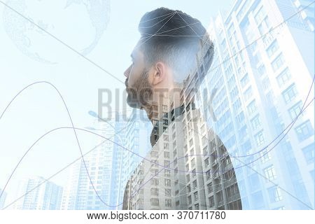 Double Exposure Of Young Businessman And Cityscape. Financial Analytics