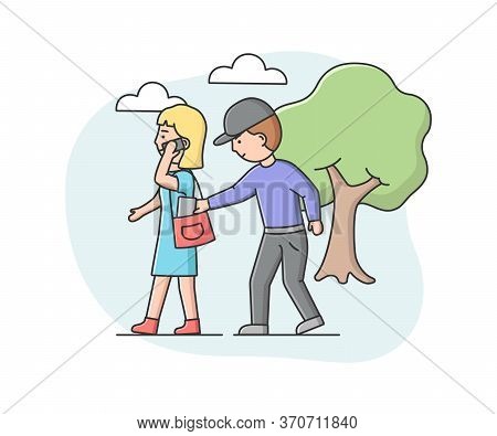Concept Of Urban Security And Robbery. Crime And Chaos On The Streets. Robber Pickpocket Is Trying T