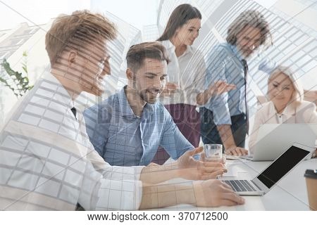 Double Exposure Of People Working In Office And Cityscape. Financial Analytics