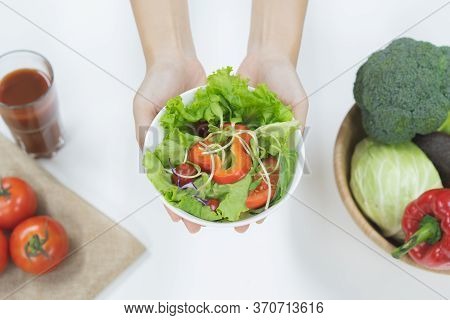 Eat Vegan For Wellness. Close Up Top View Vegetarian Diet  Person Hands Showing Vegan Meal Homemade 
